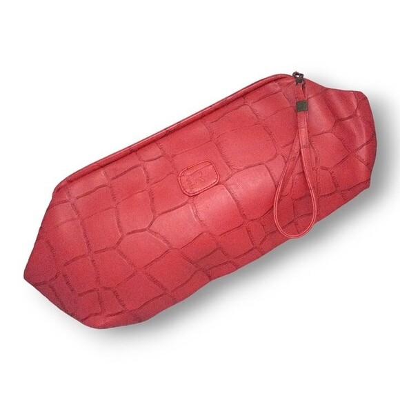 Vintage Handbags - Vegan Leather Croc Embossed Oversized Red Clutch-Wristlet-Vintage-1980s-Retro